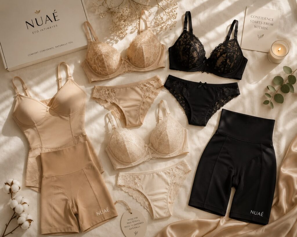Flat lay image of lace shapewear lingerie set including bra, panty, and shorts from Nuaee Eco Intimates.