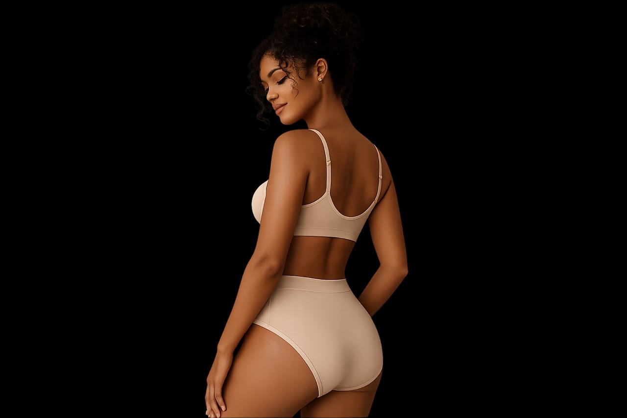Woman wearing an eco-friendly bra and panty set from Nuaee Eco Intimates, showcasing sustainable lingerie fashion.